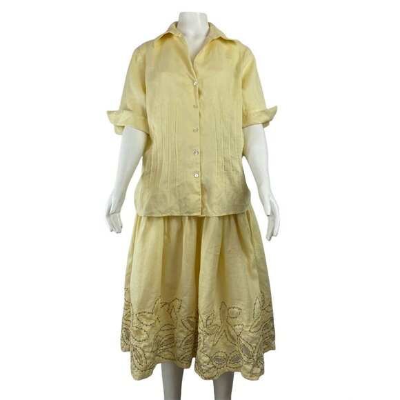 Lafayette 148 Two Piece Skirt Shirt Outfit 10 Spring Easter Summer Yellow Embroi - Picture 1 of 11